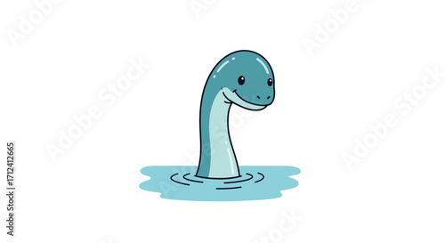 Cartoon Illustration of a Loch Ness Monster Smiling in a Lake, Mythical Creature