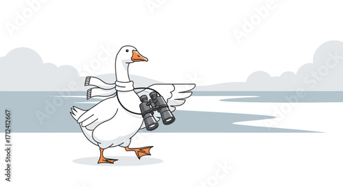 A Whimsical Goose With Binoculars Ready To Embark On An Adventure In A Winter Scene