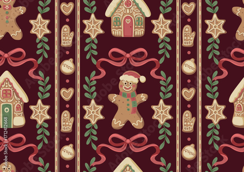 Christmas gingerbread gingerman bow seamless pattern with cookies stars hearts mittens holiday decoration