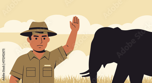 A Wildlife Ranger Halting An Elephant With a Hand Up In The African Savanna