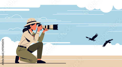 A Wildlife Photographer Capturing Birds in Flight with the Sky as the Backdrop