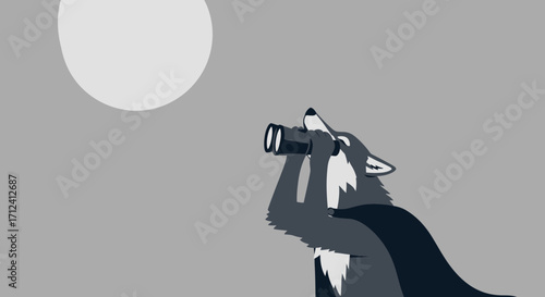 A Wolf Contemplates The Moon Through Binoculars, Observing Natural Phenomena