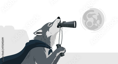 A Wolf Watching the Moon With Binoculars, An Illustration Of Discovery And Wonder