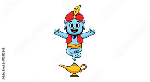 Whimsical Genie Emerges from Golden Lamp A Magical Adventure