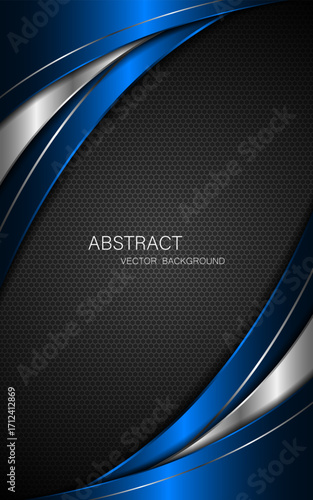 Abstract blue and silver curves with silver lines on dark steel mesh background. with free space for design. modern technology innovation concept background	
