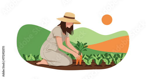 A Woman Harvesting Carrots In A Lush Garden With Sun And Rolling Green Hills
