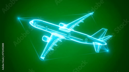A translucent airplane graphic glows against a solid green background.