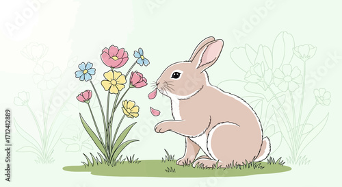A Curious Bunny Sniffs Pastel Florals In A Beautiful, Serene And Dreamy Garden Scene