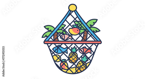 Tropical Bounty in a Net - A Colorful Cartoon Illustration.