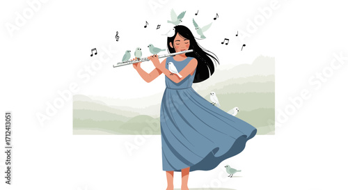 A Woman Playing Flute Surrounded By Birds In A Pleasant Harmony Scene