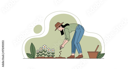 A Woman Planting Seeds in Her Garden Bringing New Life and Cultivating Blooms