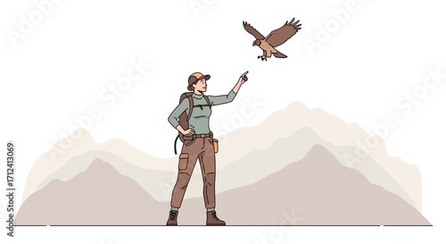 A Woman Points at Flying Hawk, Mountain Scenery, Hiking and Raptor Interaction Scene