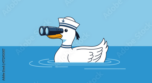 A Curious Duckling Mariner Peering Through Binoculars on the Watery Surface