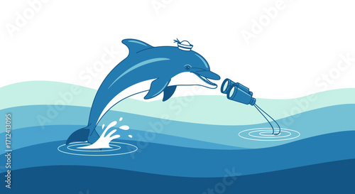 A Curious Dolphin Gazes Through Binoculars, Joyfully Erupting From The Ocean Surface