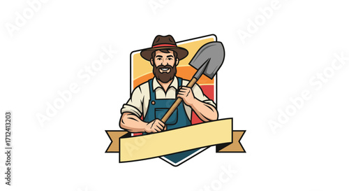 A friendly farmer wearing overalls and a hat holds a shovel proudly.