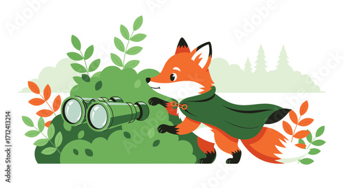 A Curious Fox Observing Nature With Binoculars Searching For Adventure In Landscape