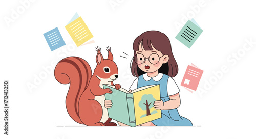 A Curious Girl Shares a Book With an Adorable Squirrel Friend in Illustrated Scene
