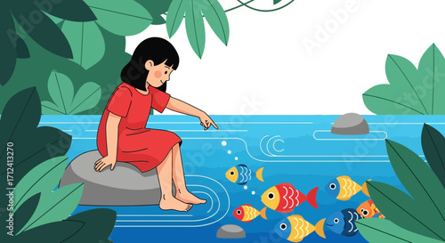 A Curious Girl Observes Colorful Fish Swimming in a Calm Stream in a Garden