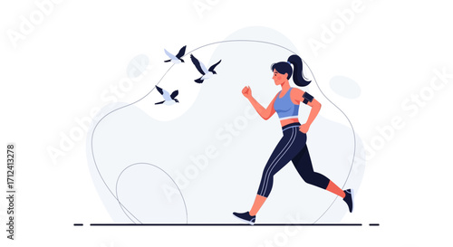A Woman Runs While Birds Fly: Modern Illustration of Fitness and Freedom