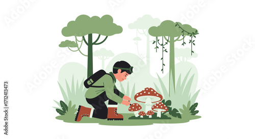 A Curious Person Hunting For Edible Mushrooms Within The Lush Forest Environment