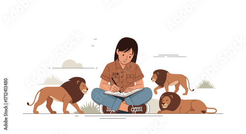A Writer Takes Notes While Surrounded By Lions In An Illustrated Scene no comma at the end