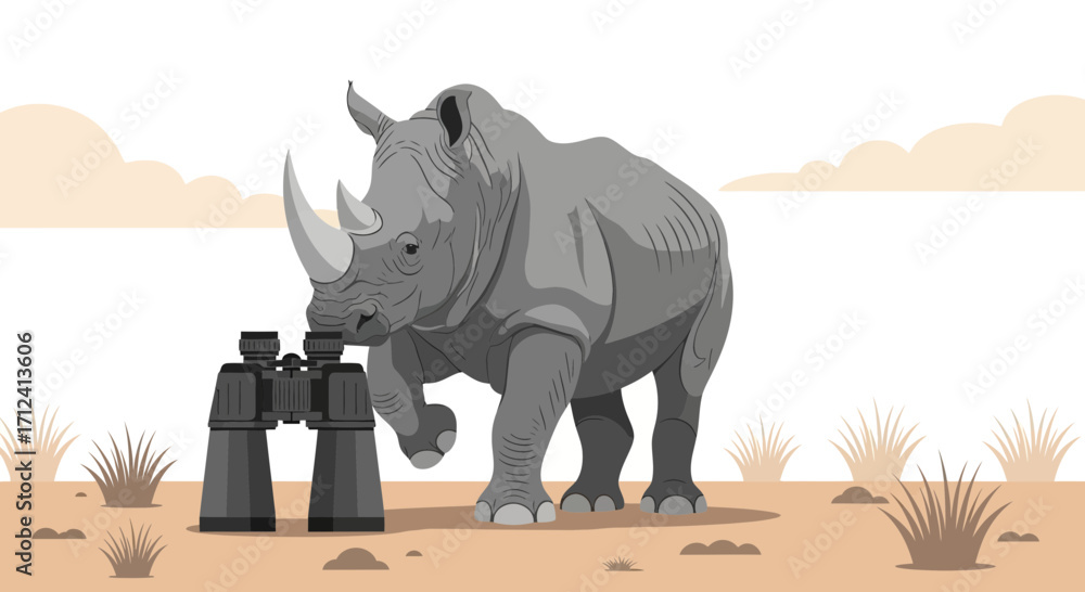 Fototapeta premium A Curious Rhino Utilizing Binoculars in A Desert Landscape, Illustrated Design
