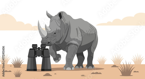 A Curious Rhino Utilizing Binoculars in A Desert Landscape, Illustrated Design