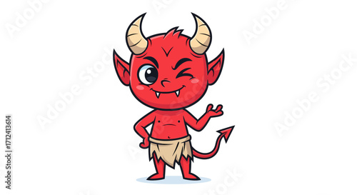 Adorable little red devil mascot winking playfully. A cute and mischievous cartoon imp character illustration