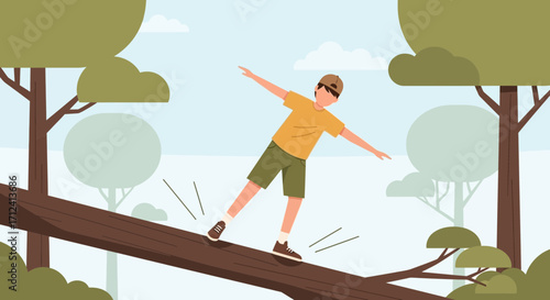 A Young Boy Balancing on Log in a Forest Ready to Encounter Challenges