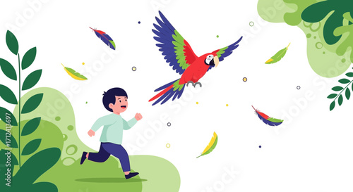 A Young Boy Chasing a Vibrant Macaw Bird Against Nature's Backdrop
