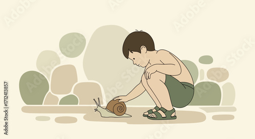 A Curious Young Boy Observing A Snail In A Serene Moment Of Observation
