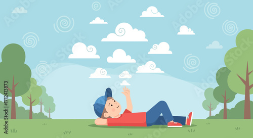 A Young Boy Enjoys The Daydream On A Lush Green Meadow Under A Beautiful Sky