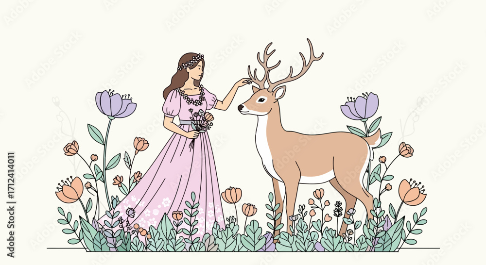 Obraz premium A Damsel Befriends A Majestic Stag Amongst Blooming Floral Scenery And Beauty