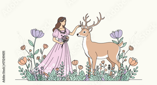 A Damsel Befriends A Majestic Stag Amongst Blooming Floral Scenery And Beauty