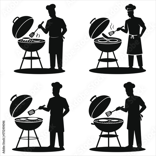 Silhouette of a chef grilling and flipping meat on a barbecue grill, outdoor cooking, BBQ party, chef with spatula, grilling steaks and sausages, summer barbecue, cookout, grilling food concept