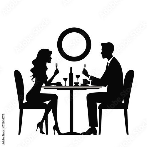 Couple dining at table with wine and mirror above silhouette