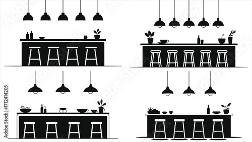 Cafe counter silhouette with hanging pendant lights, modern coffee bar interior design, stylish cafe seating with stools, cozy coffee shop atmosphere, minimalistic cafe decor, restaurant bar setup