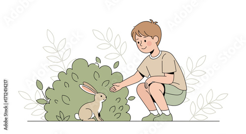 A Young Boy Interacts With a Rabbit, Illustrating Childlike Wonder and Curiosity