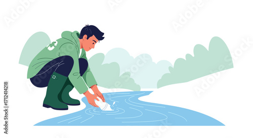 A Dedicated Individual Cleans Polluted Water, Championing Ecological Sustainability And Respect