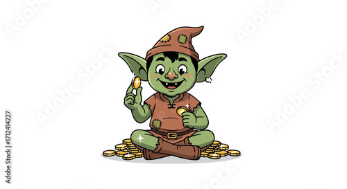 A whimsical illustration of a charming green goblin counting his hoard of golden coins, seated cross-legged amidst a pile of shiny currency