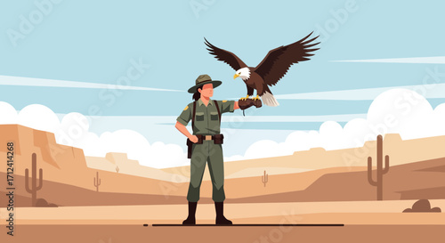 A Desert Ranger Interacting With A Majestic Eagle Under A Clear Blue Sky