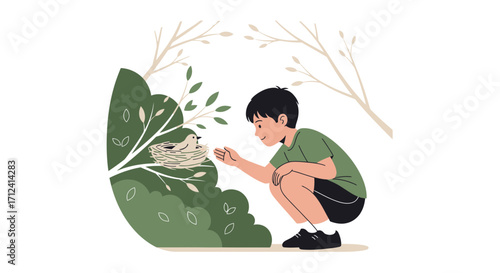 A Young Boy Observes A Bird As It Nestles Within Its Nest, A Moment Of Peace