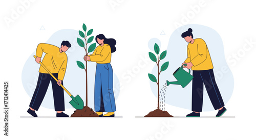 People planting and watering young trees in a park.