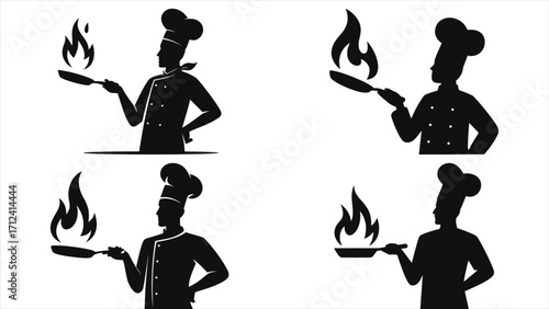 Silhouette of a professional chef holding a frying pan with flames, cooking action, culinary skills, kitchen chef in uniform with hat, food preparation, restaurant cooking, chef at work