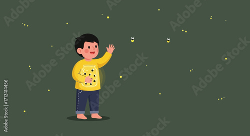 A Young Boy Reaching For Fireflies Under A Starry Glowing Sky With A Jar
