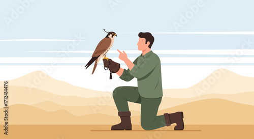 A Falconry Trainer Kneeling In The Desert Landscape with The Bird Sitting Peacefully