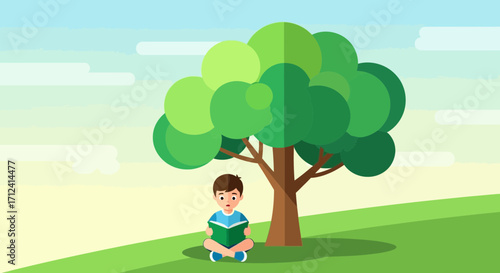 A Young Boy Reading Under A Tree On A Grassy Hill On A Beautiful Sunny Day