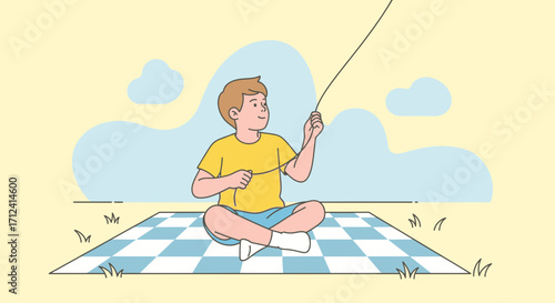 A Young Boy's Quiet Moment: Enjoying Playtime Outdoors on a Checkered Blanket