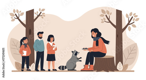 A Family's Autumn Outing Includes Feeding A Curious Raccoon In A Forest Setting