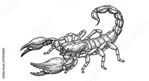 An intricately detailed black and white illustration of a scorpion with its tail raised.